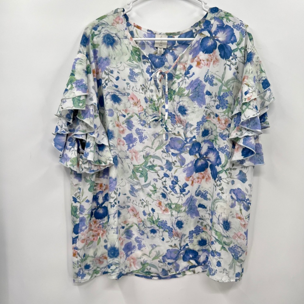 Joie 1X Floral Blouse Womens White Blue Ruffle Sleeve Tie Neck Top